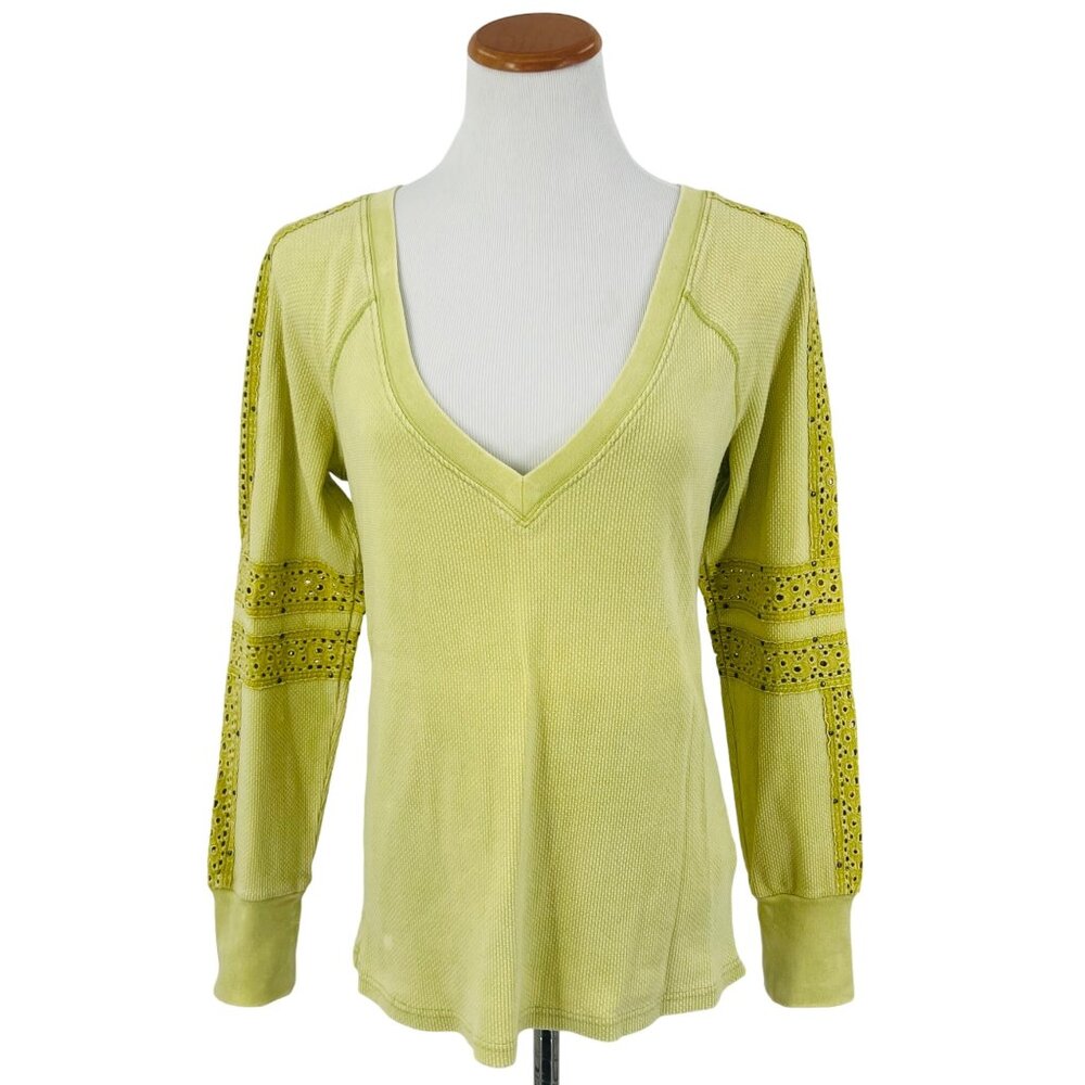 Free People We The Free Yellow V-Neck Eyelet Lace Trimmed Thermal